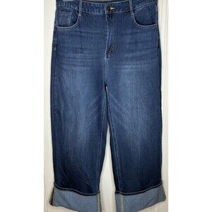 Halara Flex Hi Waist Hi Cuff Crop Wide Leg Stretch Jeans Women Sz L Dark Wash